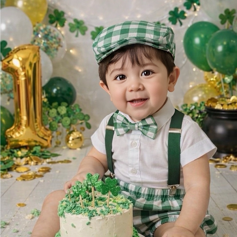 Custom Green Gingham Cake Smash Outfit | First birthday set | flat cap plaid